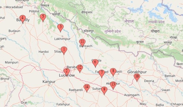 Uttar Pradesh service map showing Sai Enterprises coverage in Lucknow, Sitapur, Ayodhya, Gorakhpur, Faizabad and surrounding districts